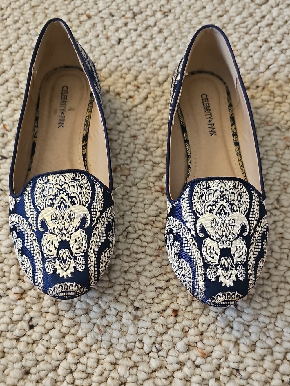 Celebrity Pink Navy and Cream Patterned Slip-On Flats